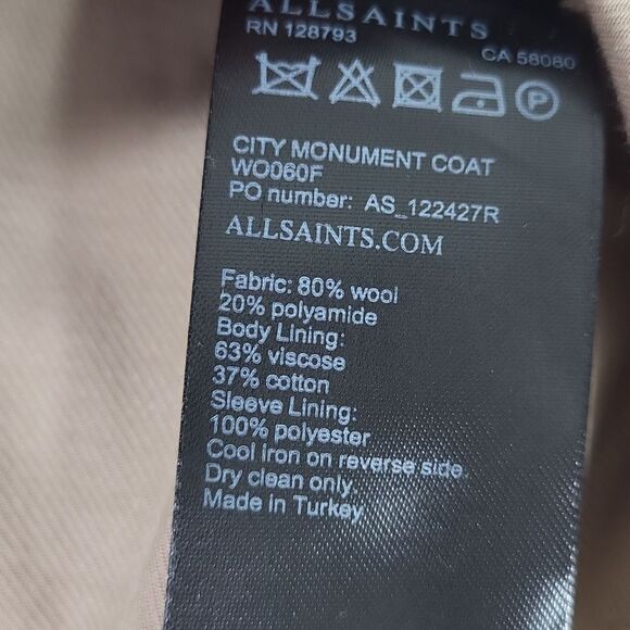 All Saints City Monument Wool mix Taupe Coat with Gun Silver Buckle. Size 4 - Picture 11 of 11